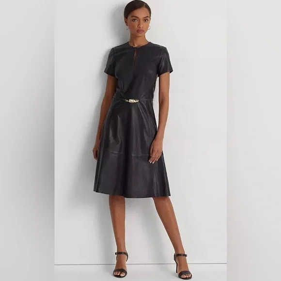 Lauren Ralph Lauren Women's Belted Stretch Leather Dress - Navy - Size 2